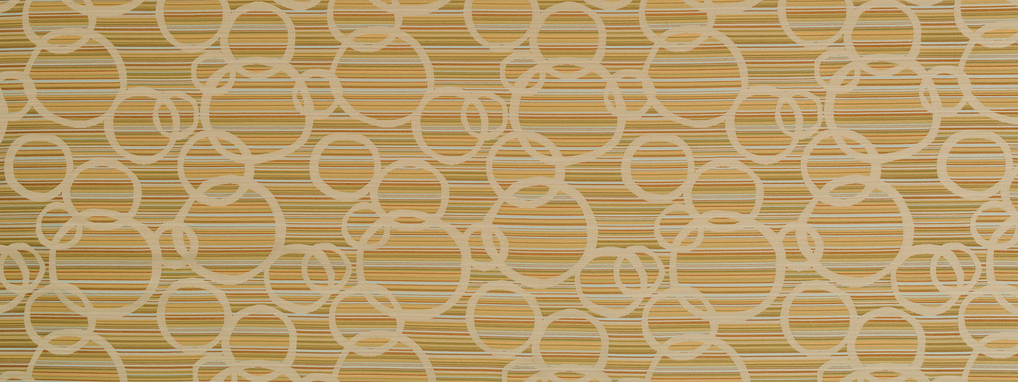 Beige and gold interlocking circle pattern over horizontal stripes; upholstery fabric design.