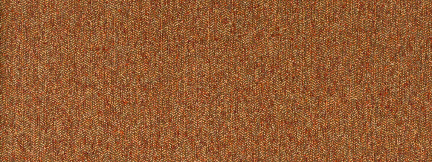 Warm brown-orange tweed upholstery fabric with speckled gold threads in a textured woven pattern