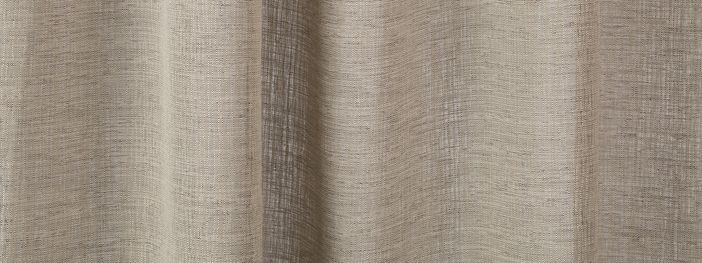 Beige linen-textured curtain fabric with soft vertical folds for neutral home decor.