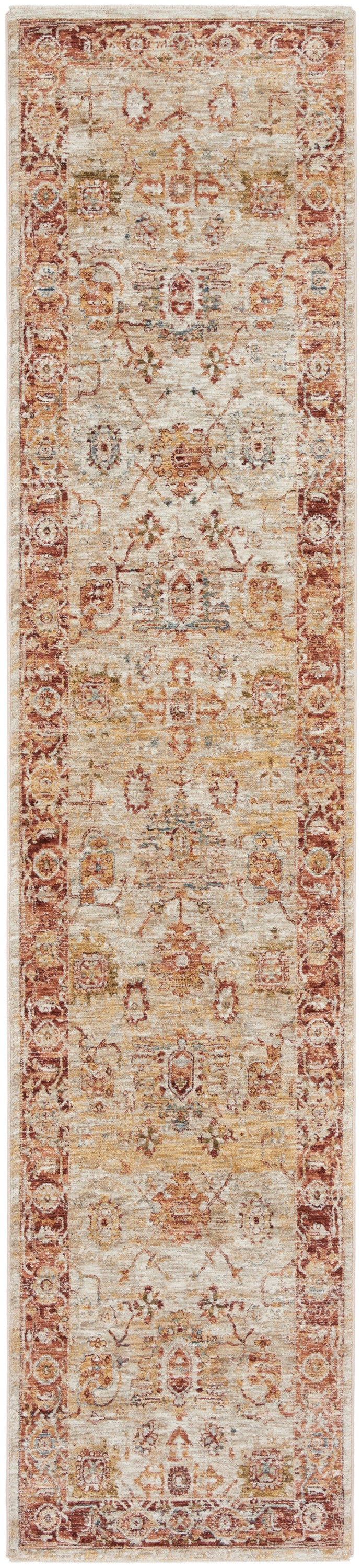 Distressed ivory oriental runner rug with rust-red border and faded blue-gold motifs.