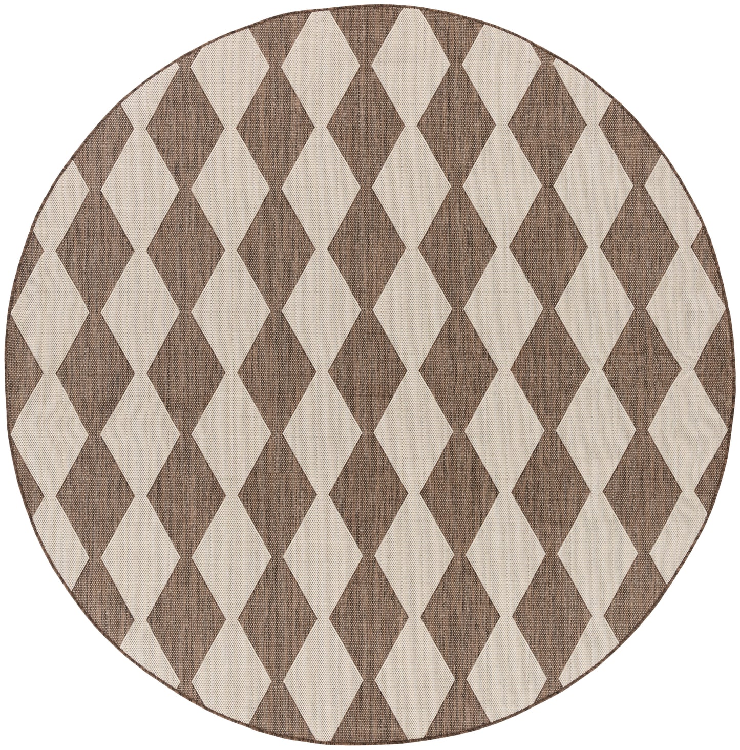 Round woven rug in brown & beige diamond harlequin pattern; modern rustic living room accent.