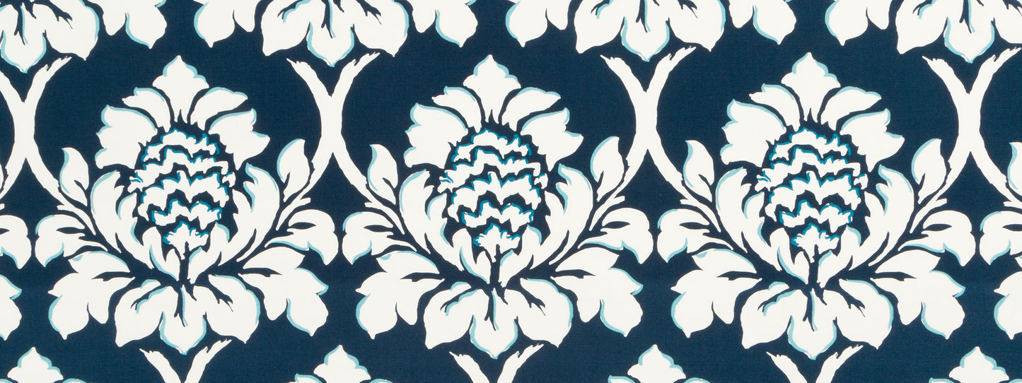 Navy blue background with a white damask floral pattern; ornate repeating motif for upholstery fabric.