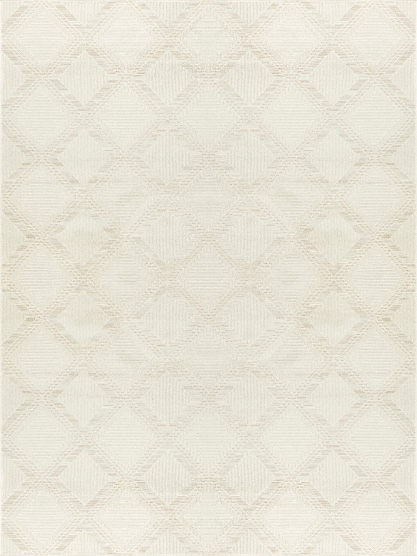 Cream area rug with subtle beige diamond lattice pattern and soft woven texture.