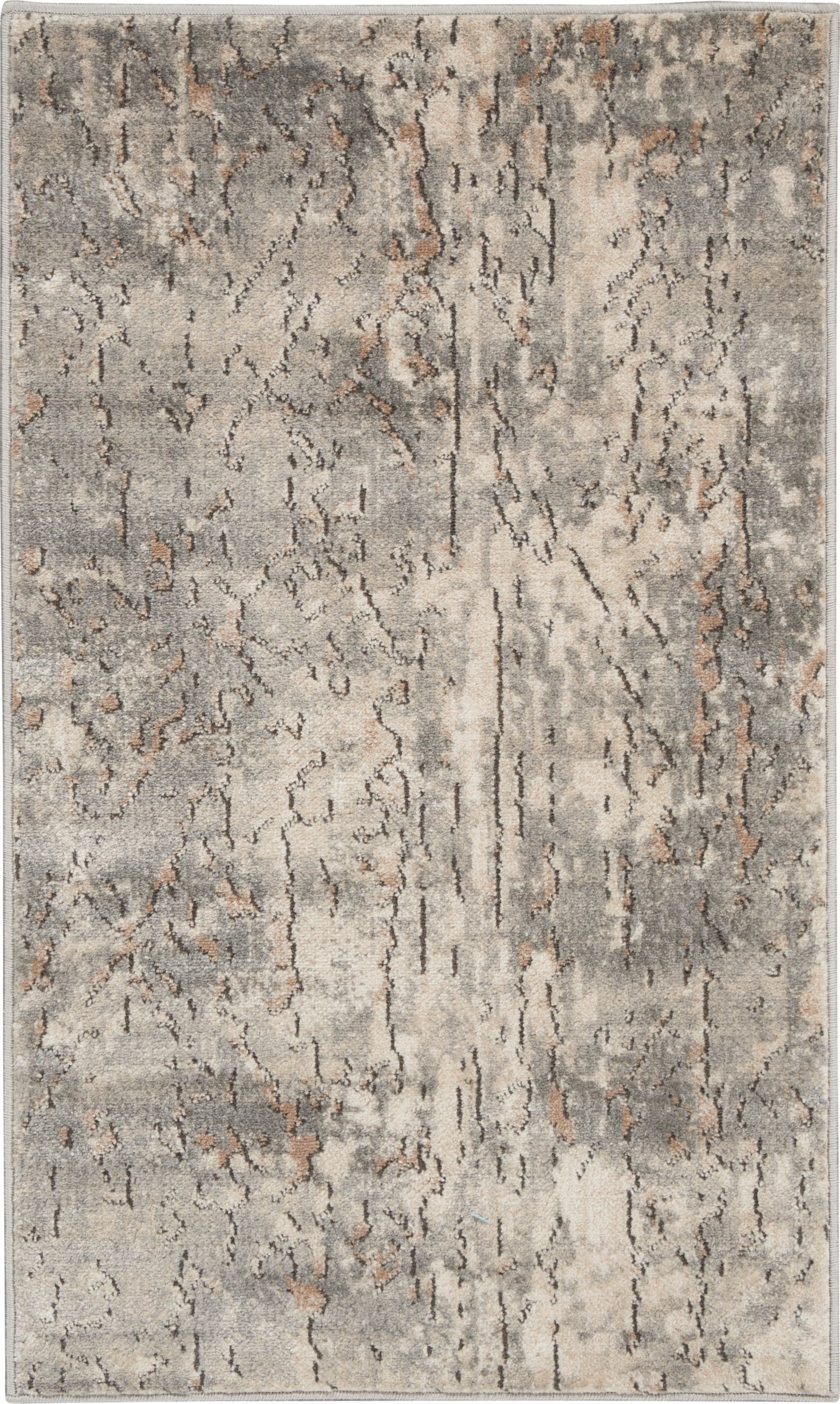 Grey distressed abstract area rug with ivory, taupe and subtle tan accents; modern, versatile decor piece.