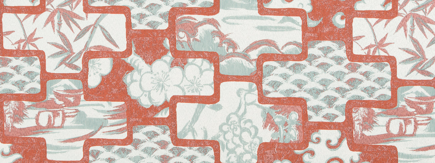 Red interlocking lattice pattern on coral background with bamboo, flowers, and water-wave motifs; upholstery fabric print.