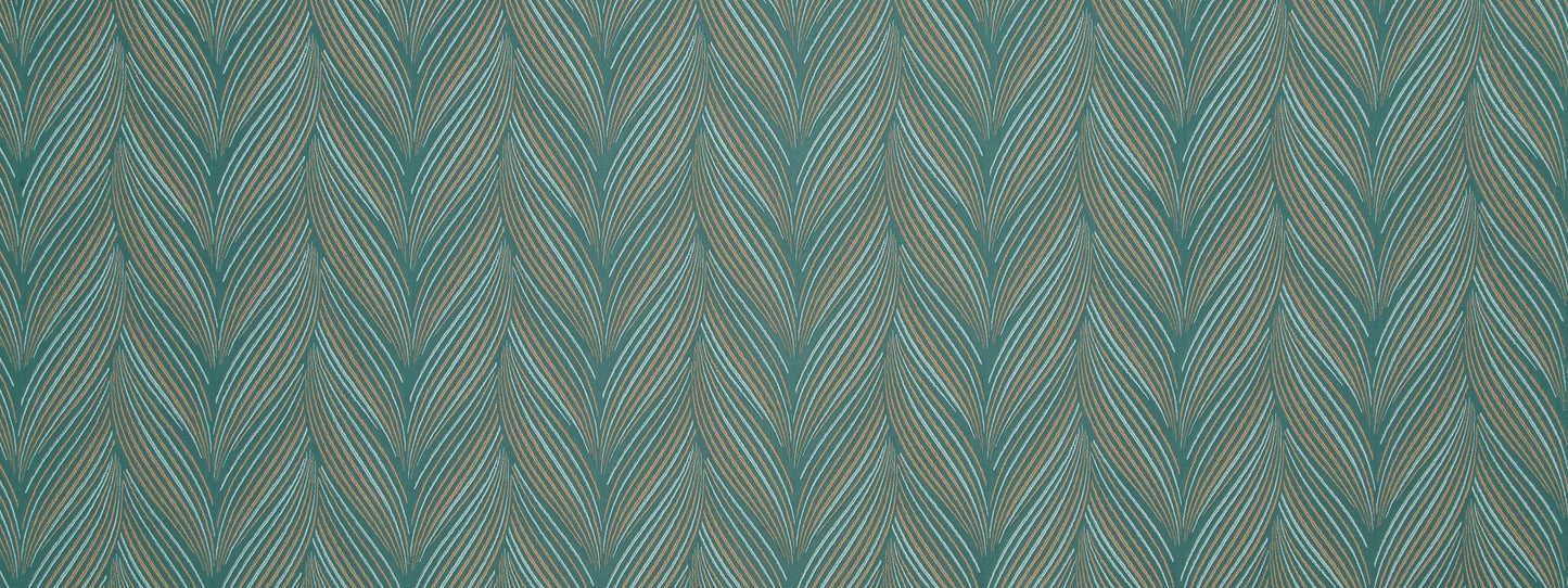 Teal feathered leaf pattern upholstery fabric with repeating vertical chevrons.
