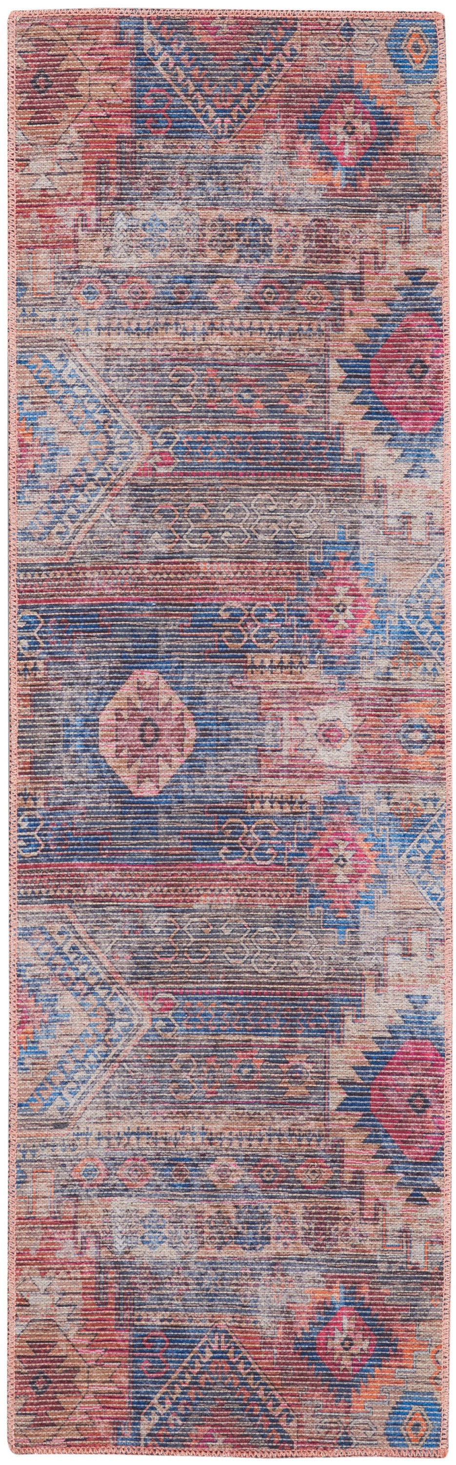 Rectangular vintage kilim rug with pink, blue, orange geometric tribal motifs and distressed look.
