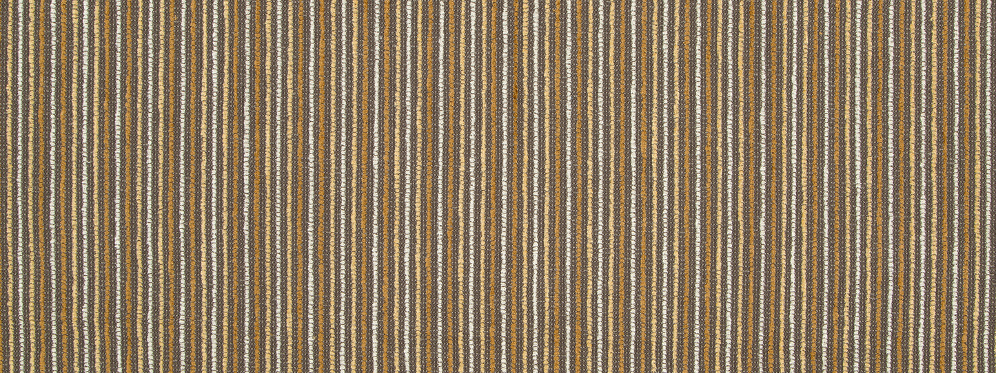 Gold and brown striped woven upholstery fabric with metallic threads; vertical stripe pattern suitable for upholstery or drapery.