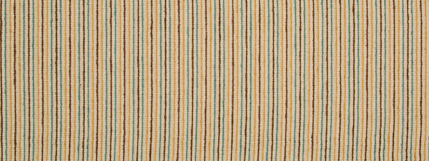 Beige woven upholstery fabric with vertical multicolor stripes in orange, teal and blue.