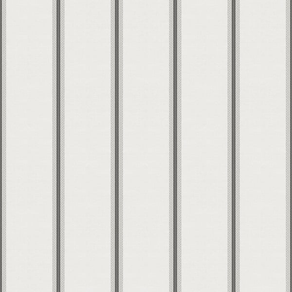 Beige wallpaper with subtle fabric texture and vertical charcoal-grey stripes.