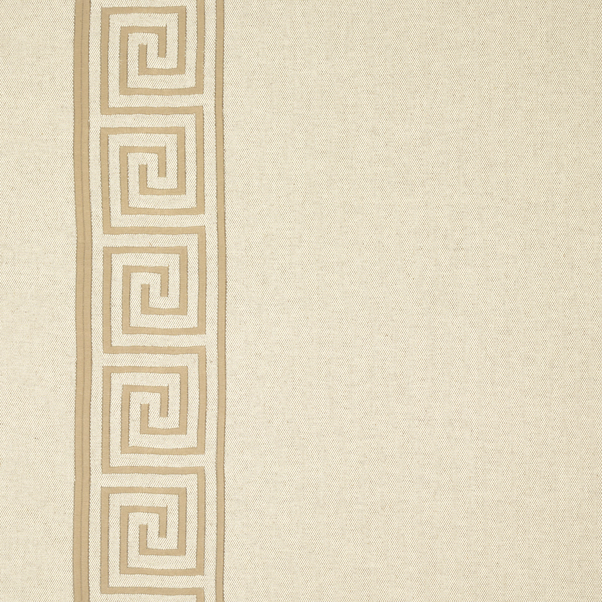 Beige linen-like fabric with a vertical tan Greek key embroidery along the left edge; decorative geometric textile.