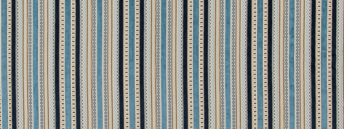 Vertical striped blue, beige & ivory fabric pattern with narrow and wide bands; upholstery or curtain textile vibe.