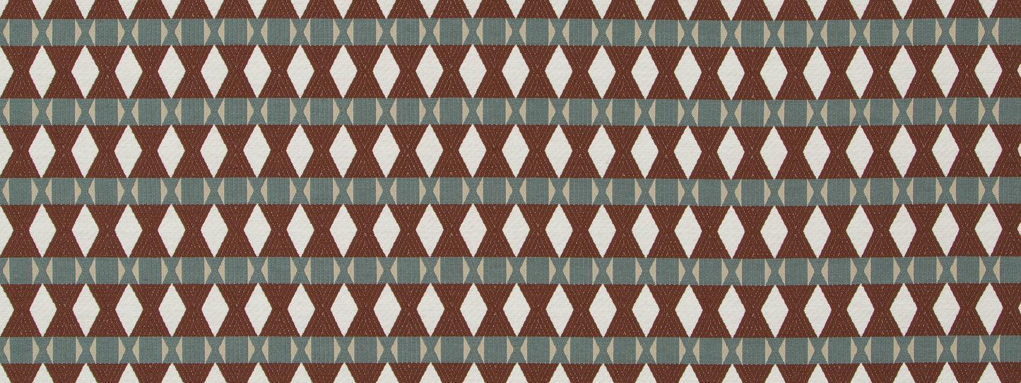Boho geometric upholstery fabric in carob with brown diamonds, white accents and blue-gray stripes; woven textile.