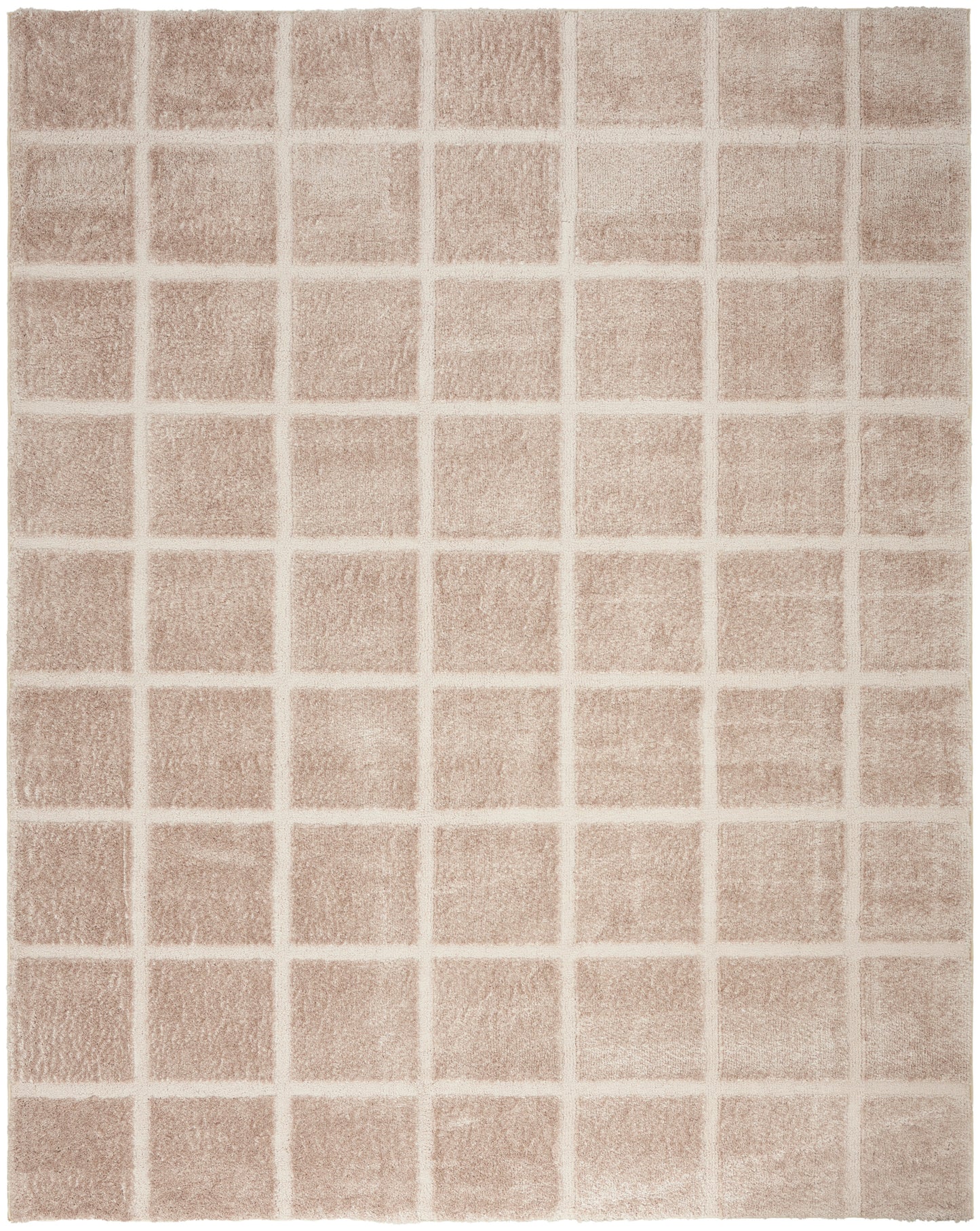Beige plush rug featuring a light cream grid pattern; rectangular, soft texture, modern casual decor.