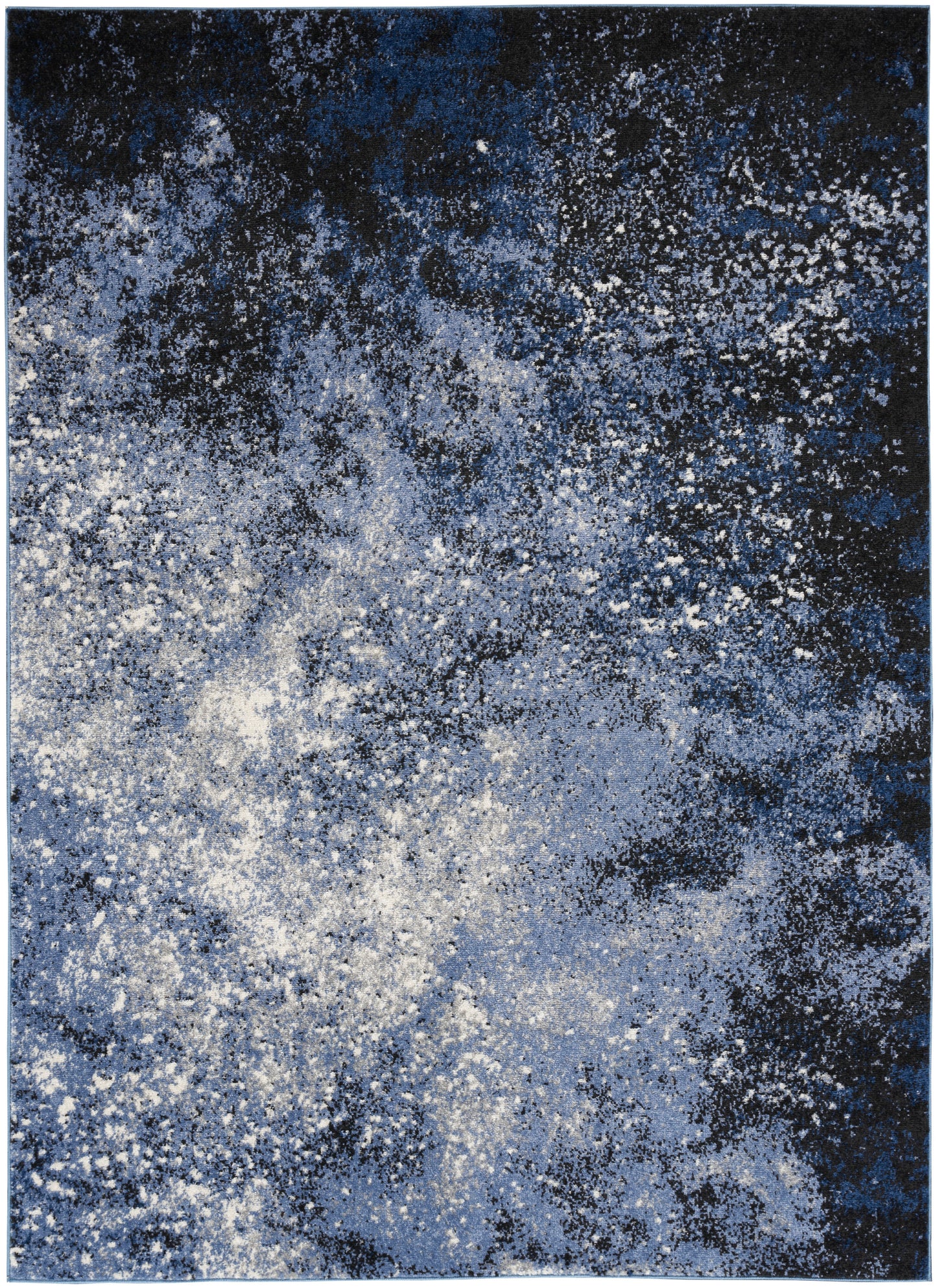 Rectangular blue abstract rug with white and light-blue speckles, galaxy-inspired modern pattern.