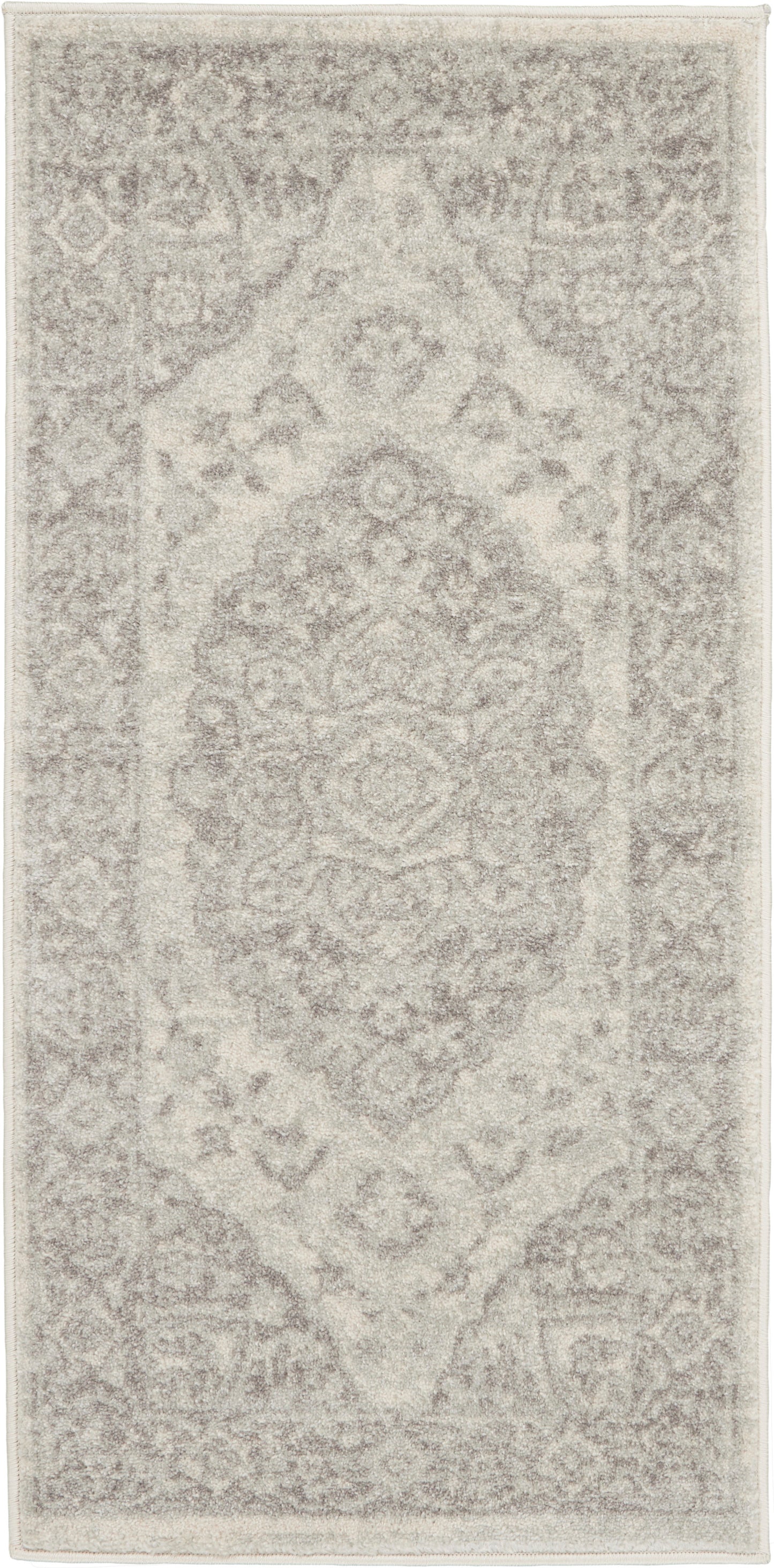 Ivory and light gray vintage oriental rug runner with central medallion and ornate border.