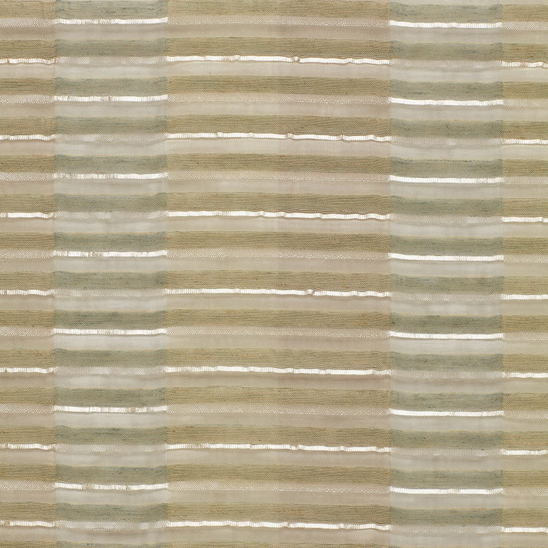 Striped fabric swatch with horizontal beige, sage green, and white bands.
