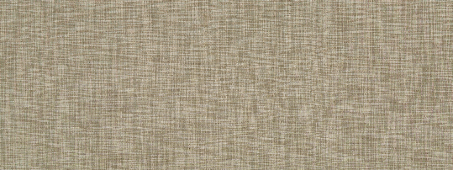 Beige linen-textured fabric close-up with woven fibers, ideal for upholstery or drapery.