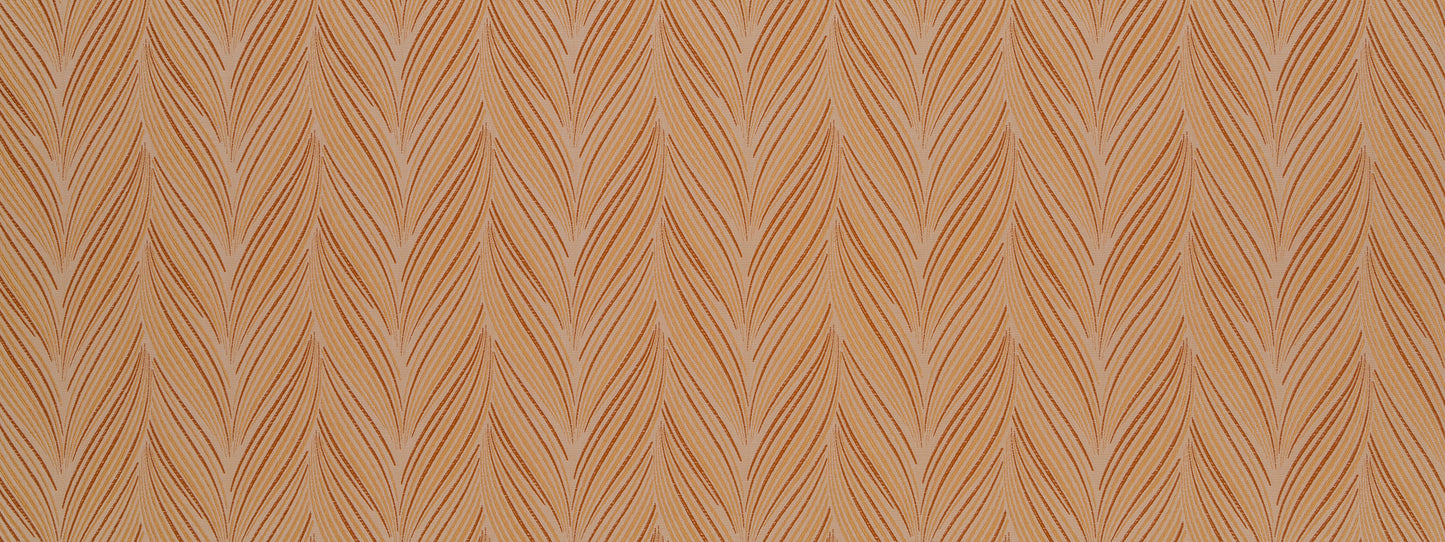 Warm beige leaf-patterned drapery fabric with repeating chevron fronds.