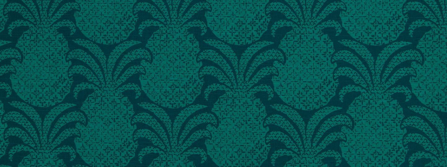 Marrakech green tropical palm-frond damask pattern with ornate motifs; decorative fabric or wallpaper.