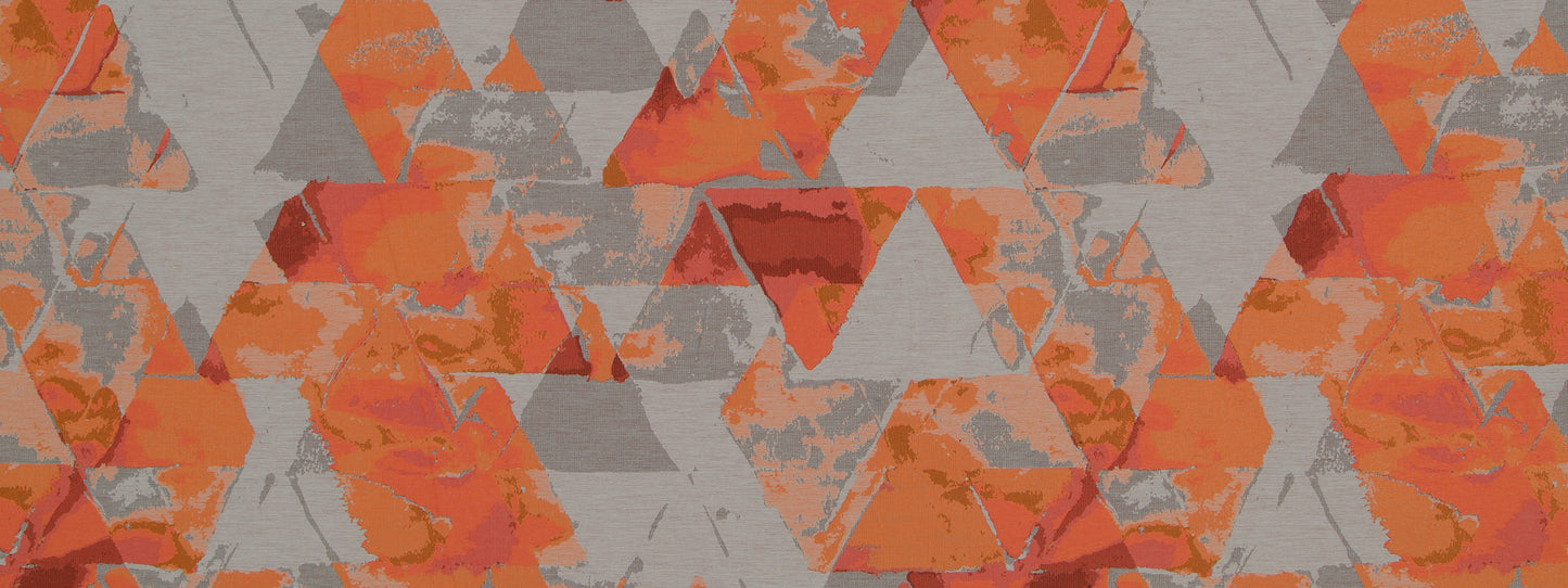 Orange and gray triangular mosaic pattern with geometric shards; upholstery fabric design.