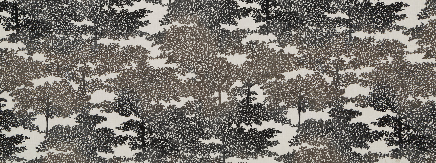 Beige fabric with a graphite-style forest tree silhouette pattern; woodland print suitable for upholstery or wallpaper.