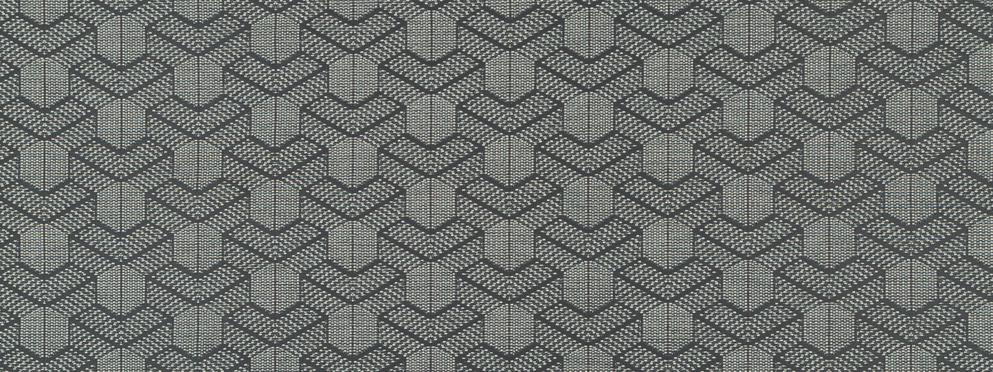 Grey geometric cube pattern fabric with interlocking cube motifs; modern upholstery or wallpaper textile.