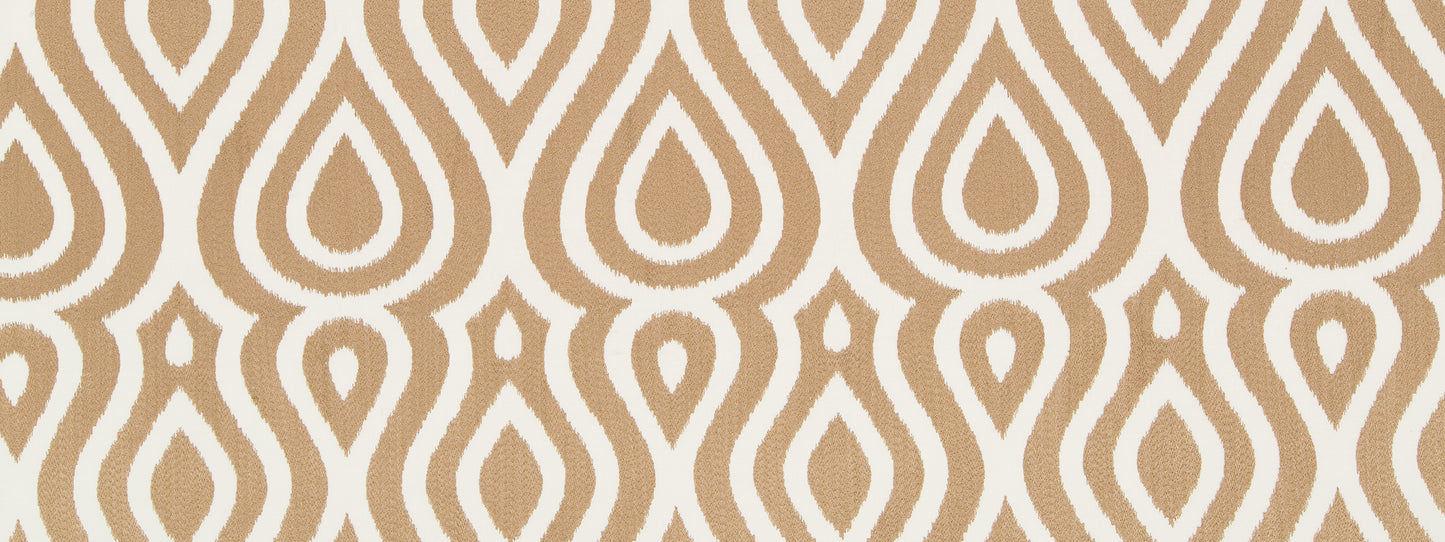 Beige teardrop lattice pattern on white background; repeating Moroccan-inspired wallpaper design.