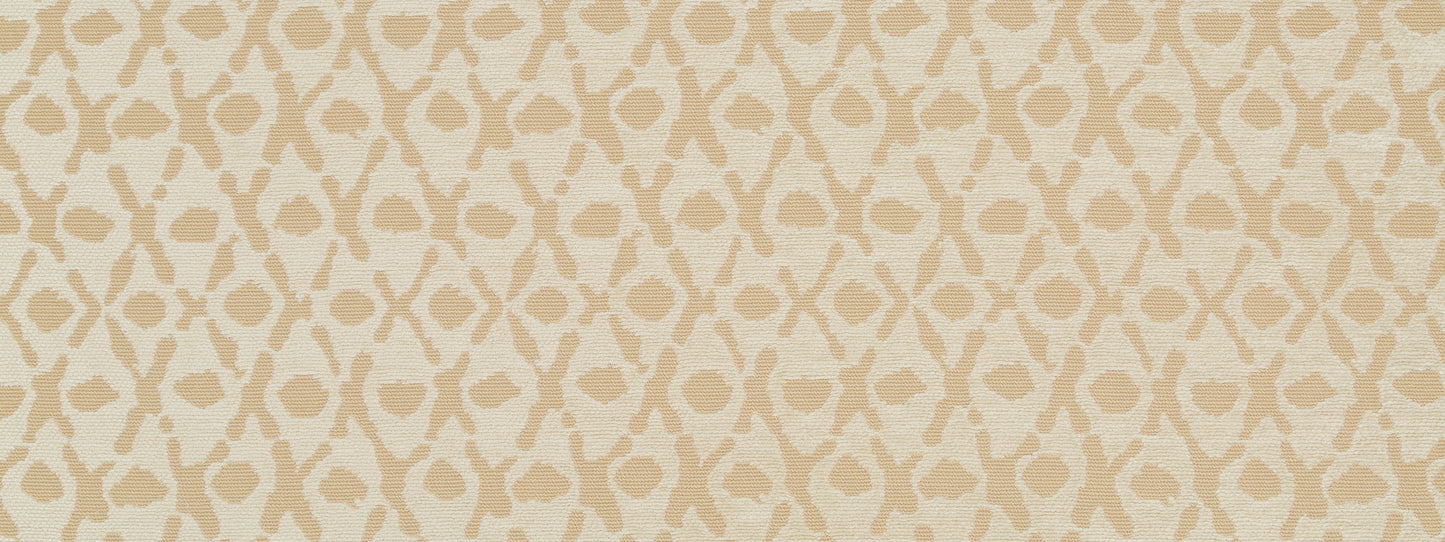 Cream-beige fabric pattern with repeating interlocking oval motifs in soft taupe, damask-style upholstery fabric.