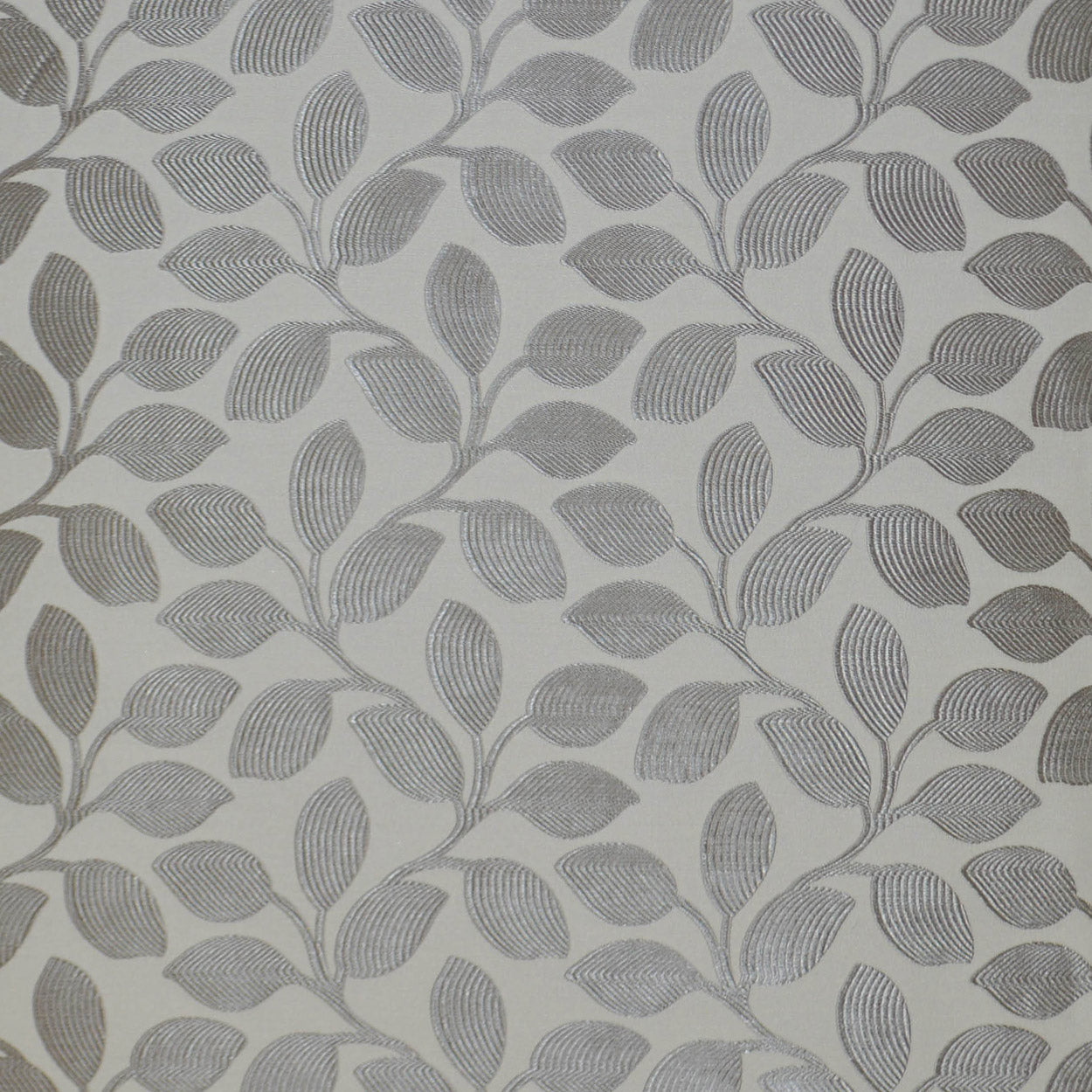 Light gray fabric with a repeating botanical pattern of slender leaves on branches in soft neutral tones.
