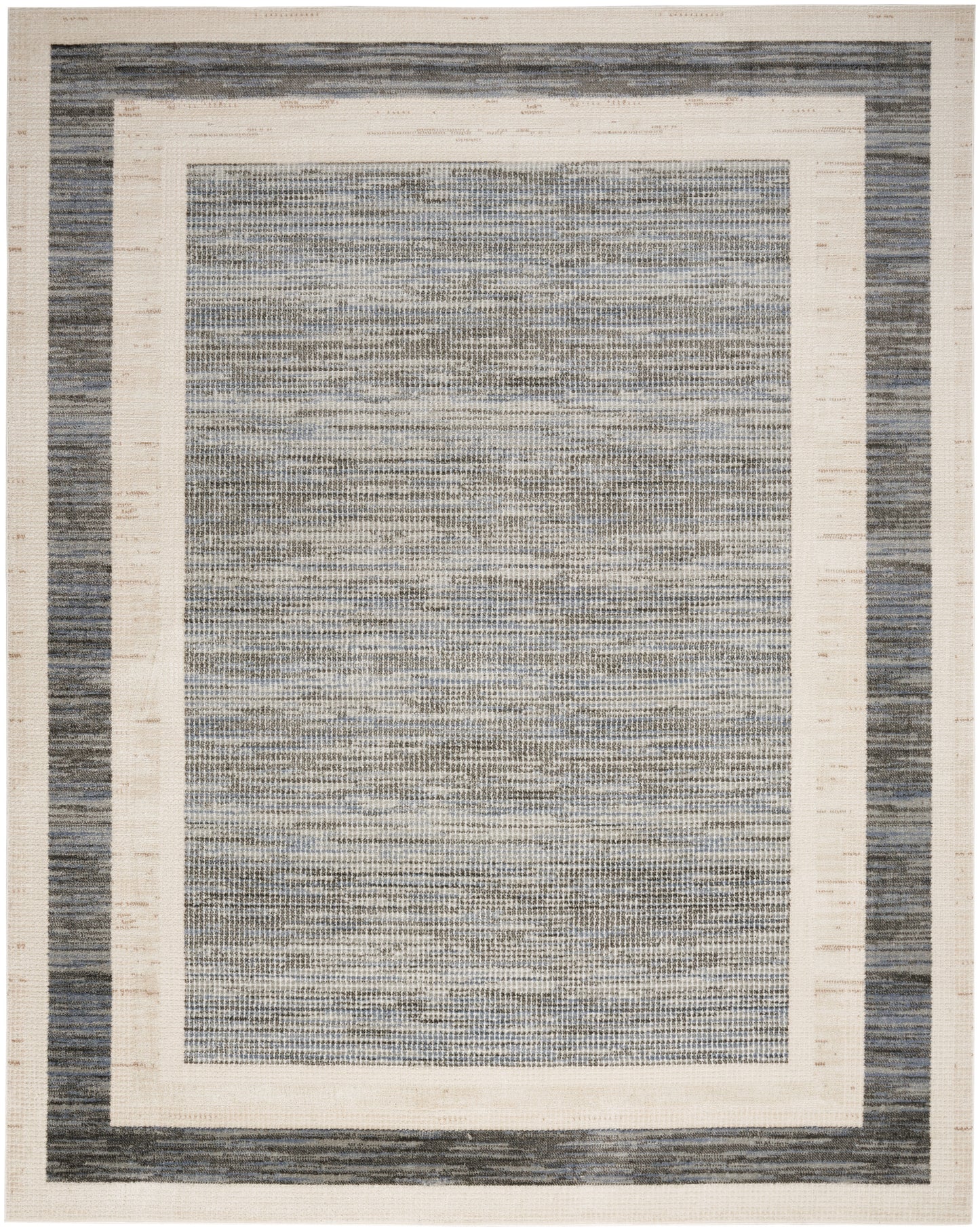 Coastal blue-gray woven rug with cream inner and outer borders and a framed central field.