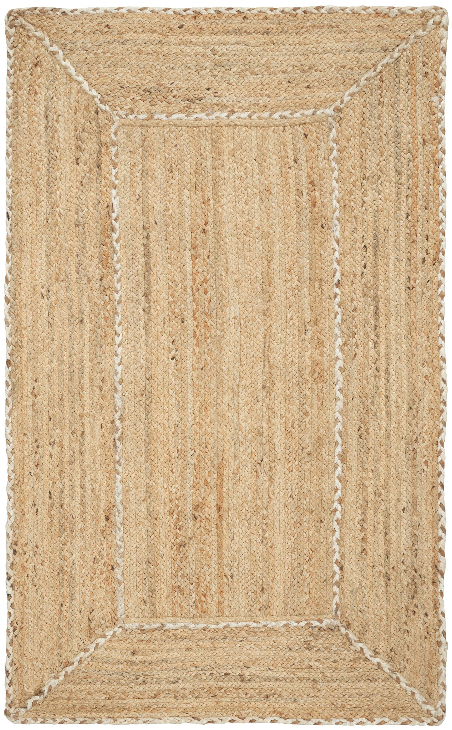 Natural beige jute rug with a rectangular framed inset border and white stitched accents.