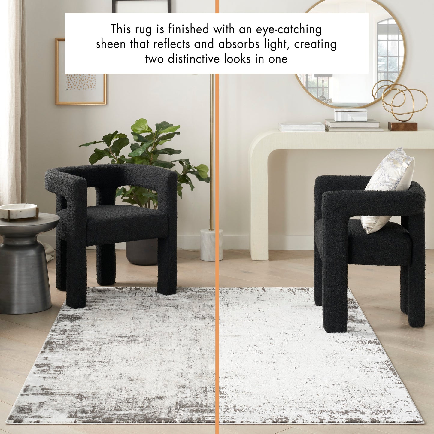 Split-tone rug with dark-left and light-right panels, flanked by black boucle armchairs in a modern living space.