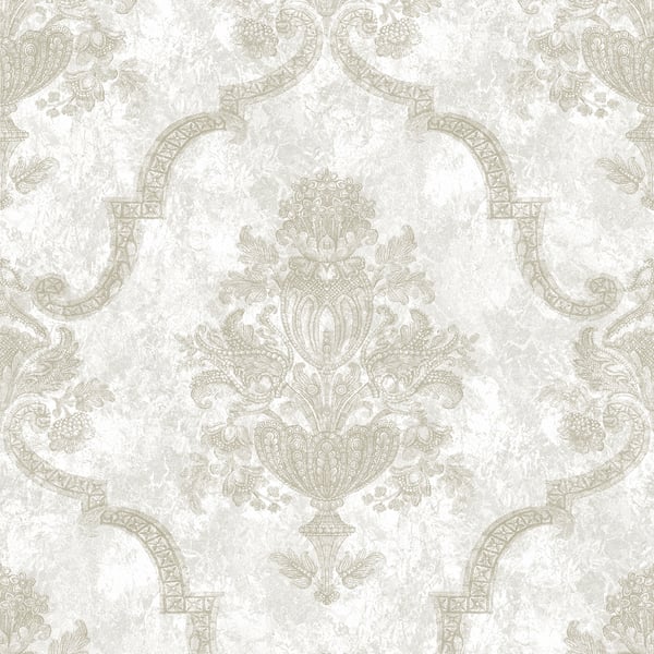 Beige damask wallpaper with vintage floral medallion, distressed textured background, elegant classic decor look.