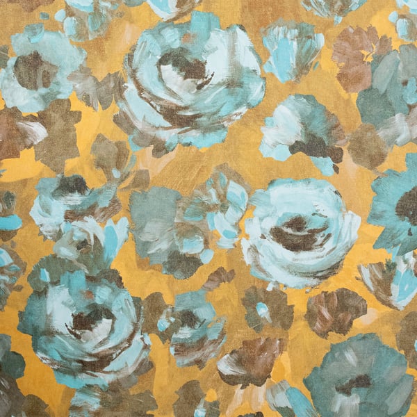 Turquoise blue painterly paeonia floral print on warm mustard yellow wallpaper