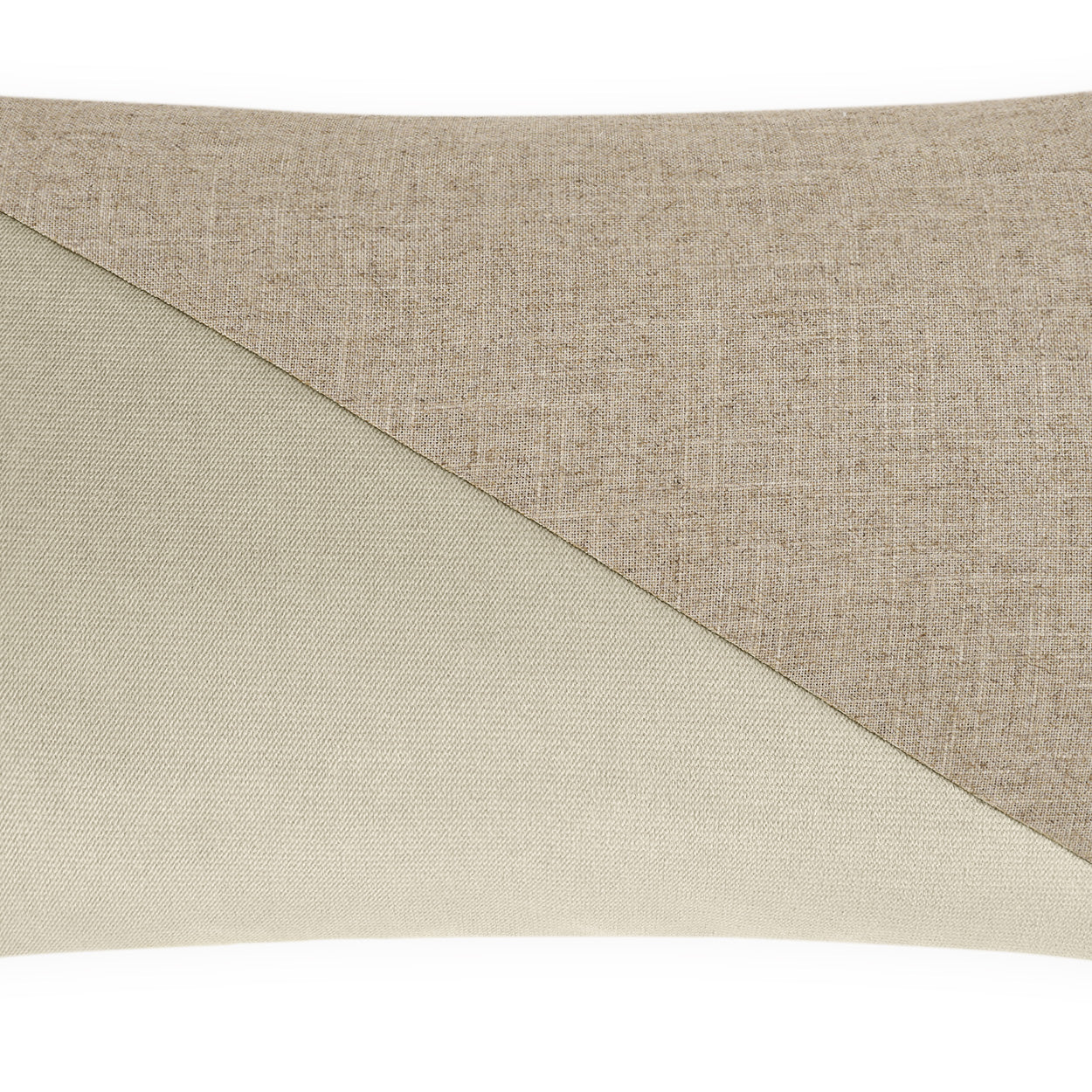 Rectangular decorative pillow with textured tan linen-like top and smooth beige bottom, diagonal seam.