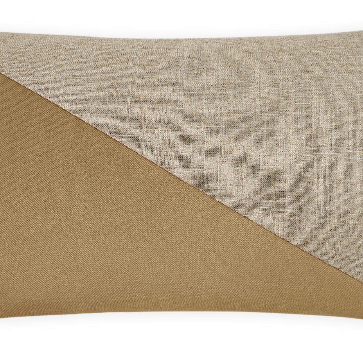 Rectangular throw pillow with diagonal split: beige linen upper panel and tan triangular lower panel.