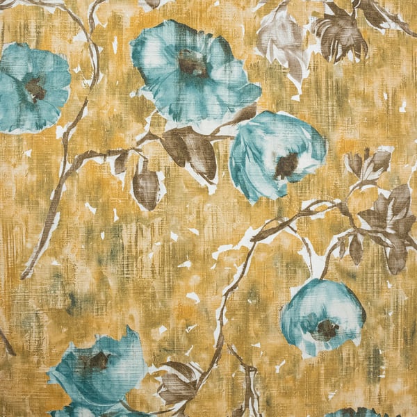 Gold wallpaper featuring petunia flowers & brown stems; floral pattern.