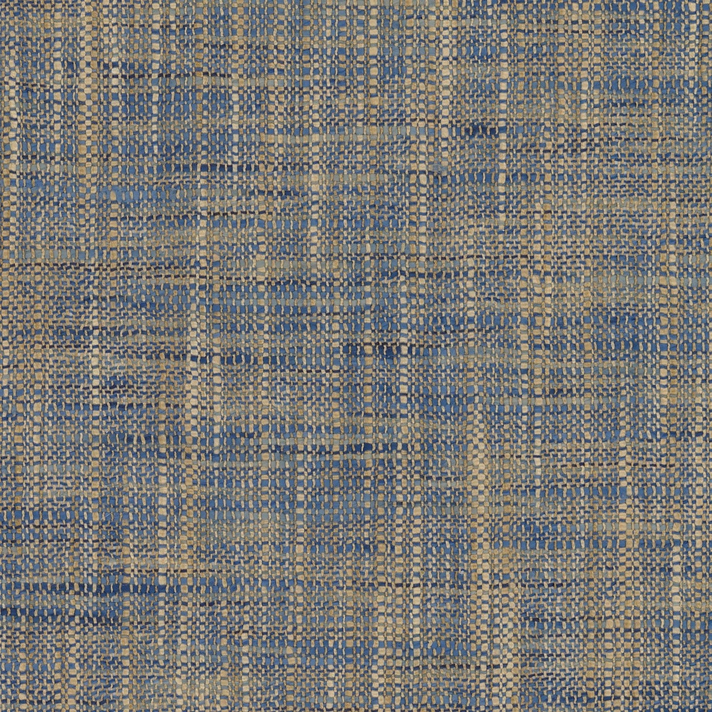 Blue and tan crosshatch wallpaper with a plaid pattern.