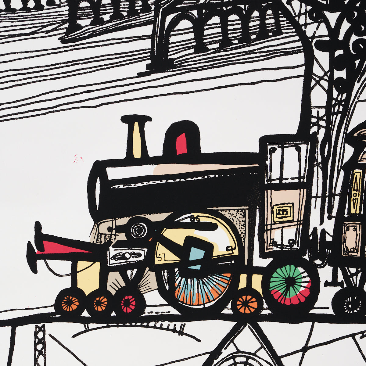 Whimsical abstract train illustration with bold black outlines, yellow chimney, beige boiler, and multicolored wheels.