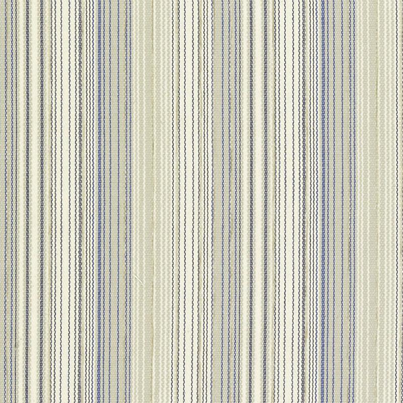 Vertical striped woven fabric in cream, beige, blue and gray tones; textile suitable for upholstery or curtains.