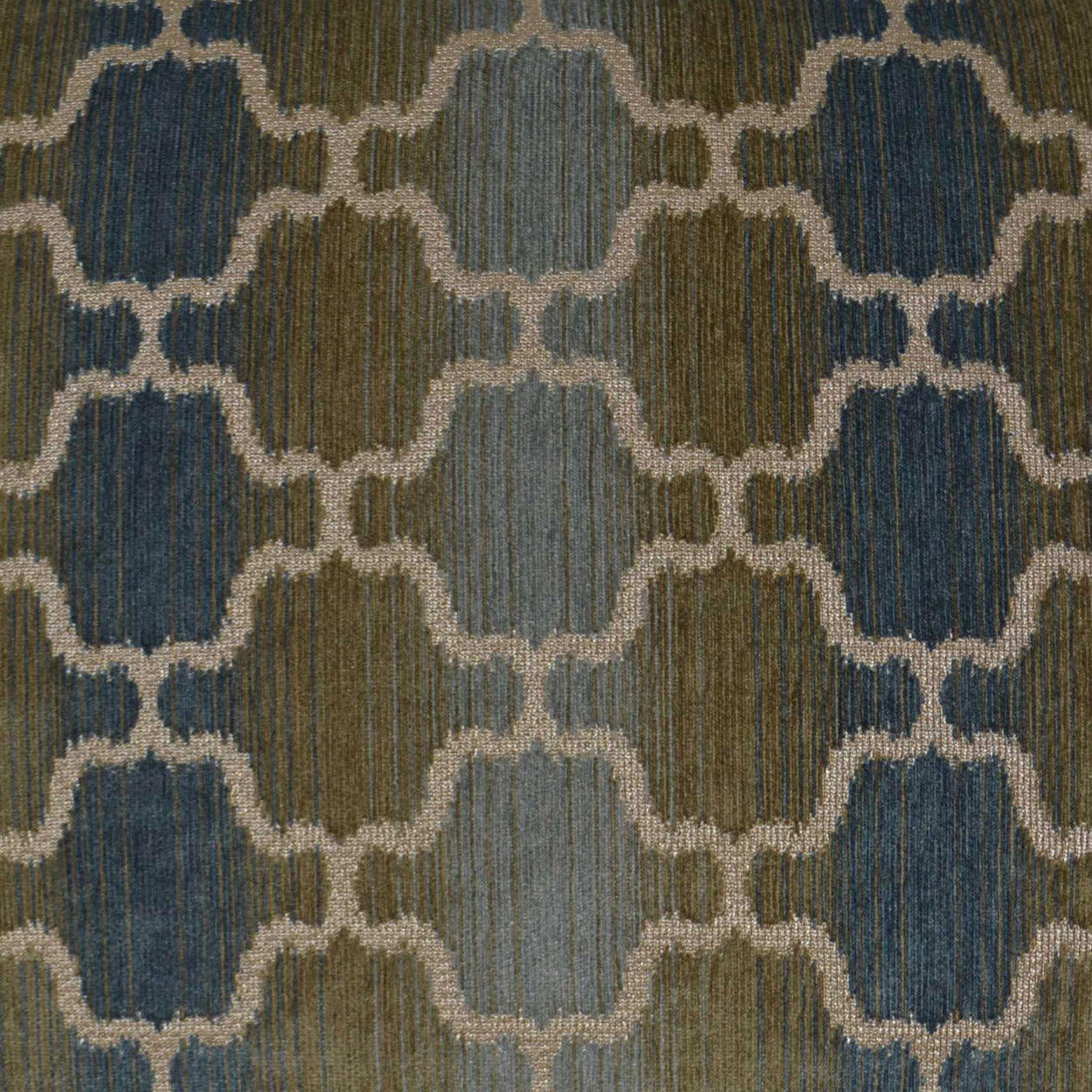 Geometric trellis rug in blue, teal & olive tones with beige lattice motif on a striped woven backdrop.
