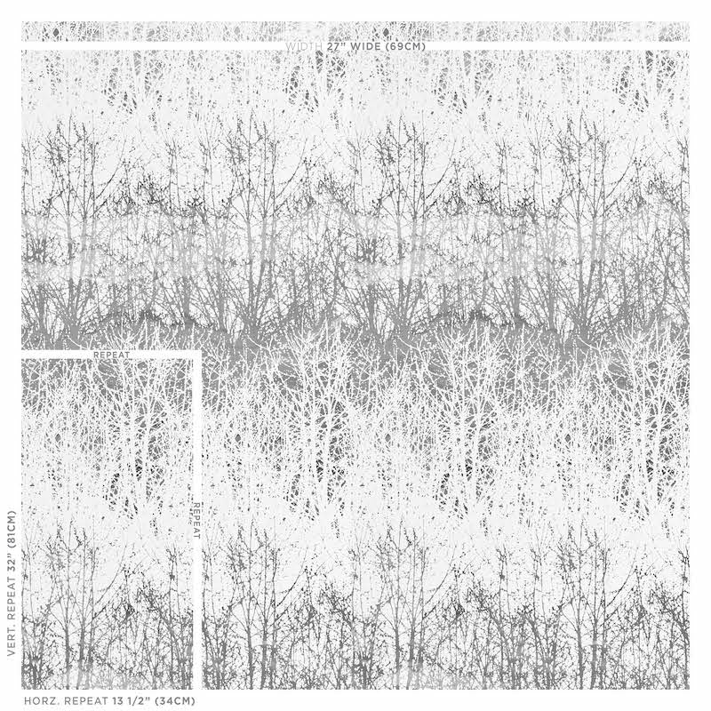 Gray and white birch trees in a mirrored, repeating pattern (silver) for fabric or wallpaper.