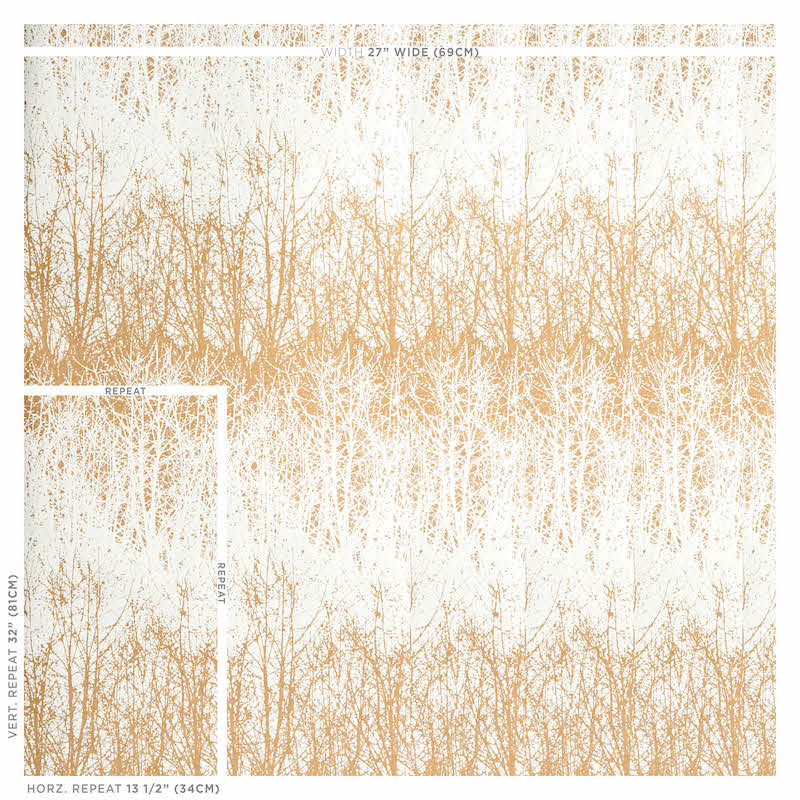Birch tree silhouette print with bare branches, vertical repeat on a pale tan background; wallpaper sample.