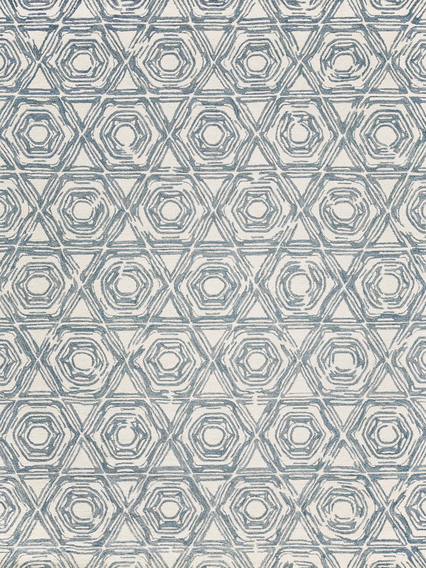 Blue-gray hexagon concentric-ring geometric pattern on a rectangular rug.