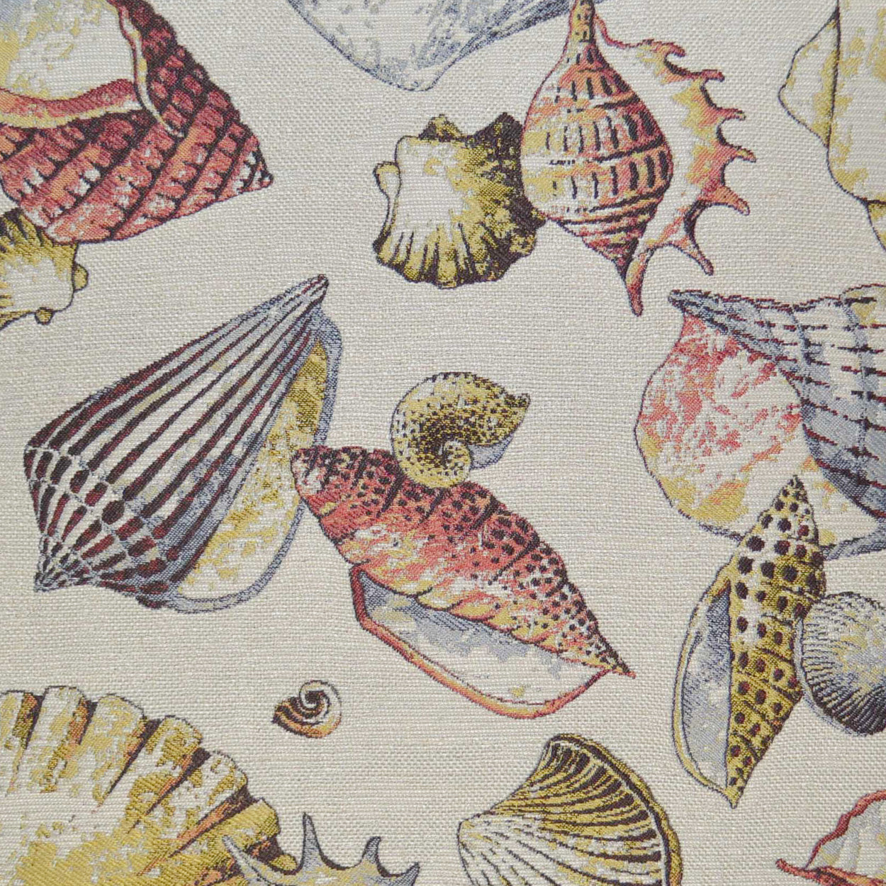 Fabric with colorful seashell pattern in pinks, yellows and browns on a light beige background; coastal decor textile.