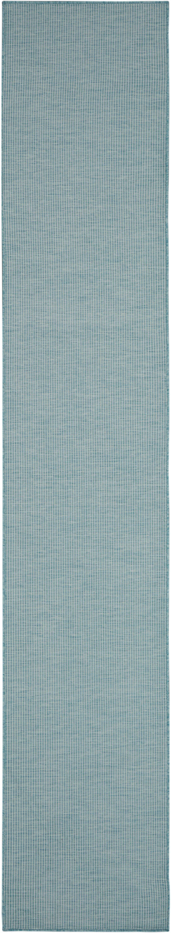 Teal-blue woven rug runner with subtle grid pattern; soft textured, rectangular for hallway or entryway.