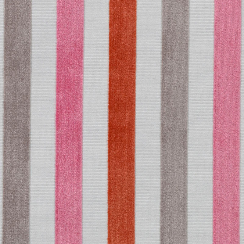 Vertical striped upholstery fabric in bold pinks, orange, taupe and gray stripes on a light background.