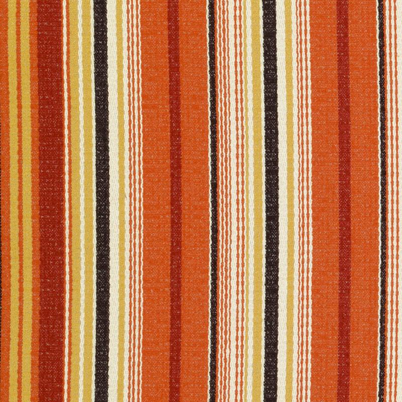 Woven striped fabric with bold orange, yellow, cream and black vertical stripes.