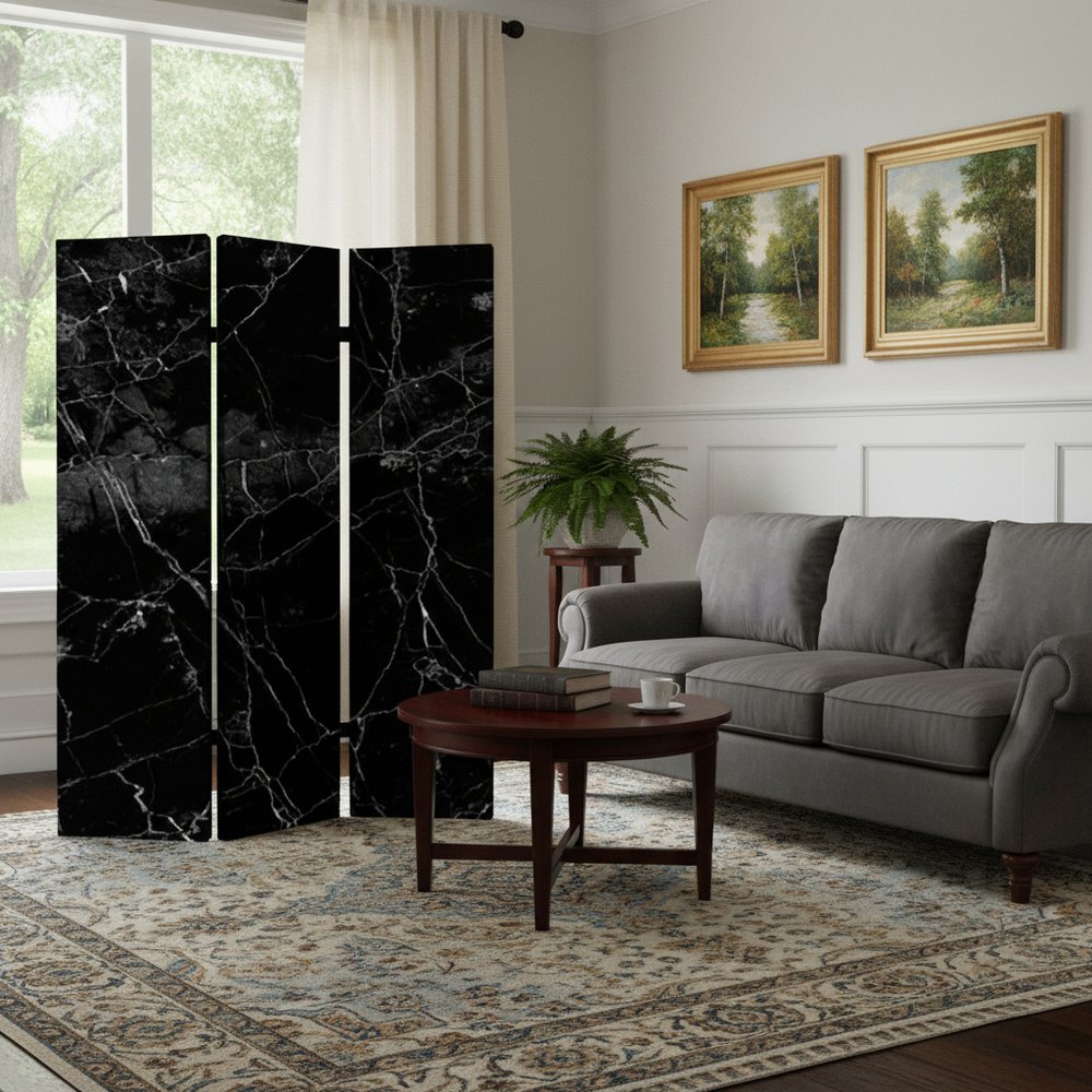 48" X 72" Multi Color Wood Canvas Black Marble Screen